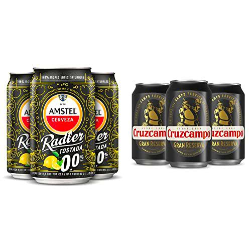 Amstel Radler 0,0 Cerveza Tostada Limon Sin Alcohol Pack lata 24 x 33cl &amp; Cruzcampo Gran Reserva Cerveza Tostada Pack Lata, 24 x 33cl