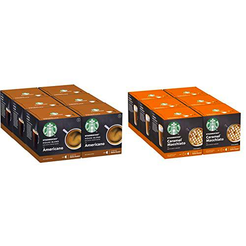 STARBUCKS House Blend De Nescafe Dolce Gusto Cápsulas De Café De Tostado Medio 6 X Caja De 12 Unidades &amp; Caramel Macchiato De Nescafe Dolce Gusto Cápsulas De Café 6 X Caja De 12 Unidades