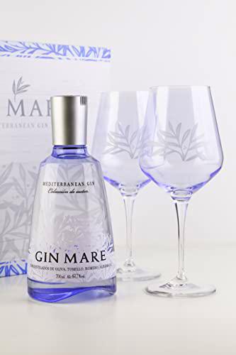 Gin Mare Mediterranean Gin - Pack Gin Mare Botella 700ml y 2 Copas de Cristal para Gin Tonic