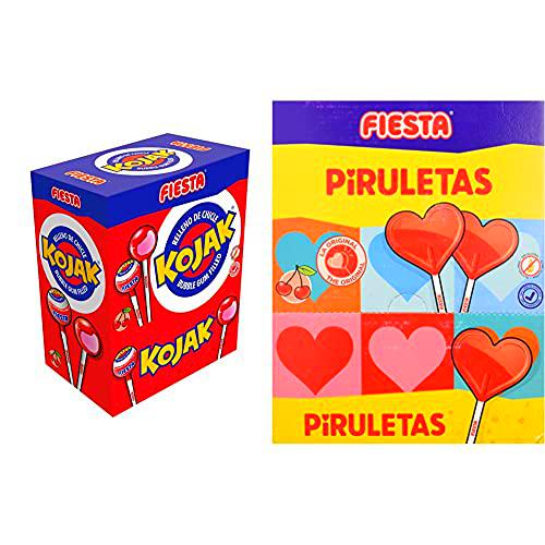 Fiesta Kojak Caramelo con Palo Relleno de Chicle Sabor Cereza 100 Piezas s + Piruleta 80 unidades