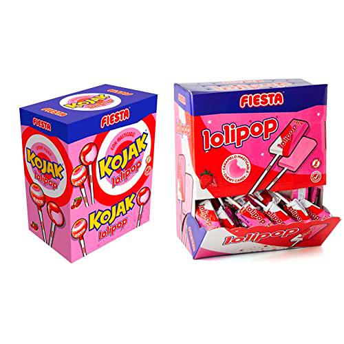 FIESTA Kojak Lolipop Caramelo con Palo Sabor Cereza Relleno de Masticable de Fresa