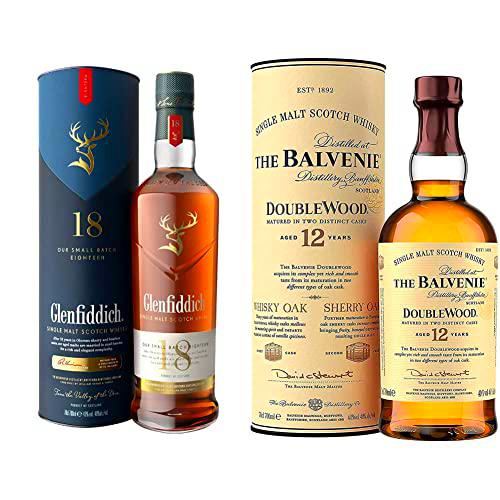 Glenfiddich - Whisky de malta 18 años &amp; The Balvenie Double Wood 12 años whisky de malta escocés, 700ml