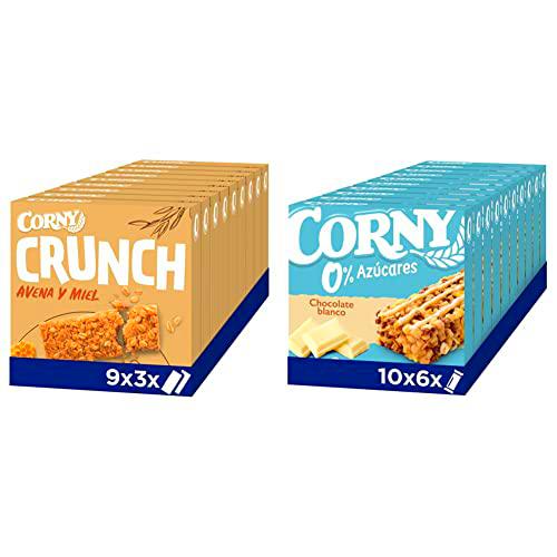 Corny - Barritas de Cereales Crunch, Avena y Miel. 9 estuches con 3 barritas 9x(3x40g) &amp; Barritas de Cereales 0% Chocolate Blanco