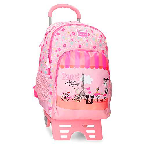 Roll Road Coffee shop Mochila Escolar Doble Compartimento con Carro Rosa 33x46x17 cms Poliéster 25,81L