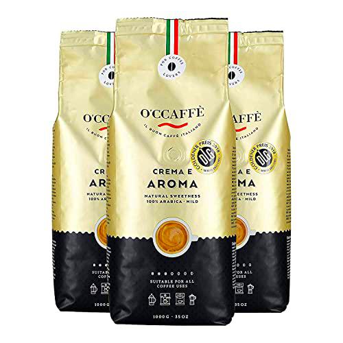 O'CCAFFÈ - Crema e Aroma 100% café Arabica | 3 x 1 kg de granos de café enteros | Torrefacción extralenta en tambor de una empresa familiar italiana