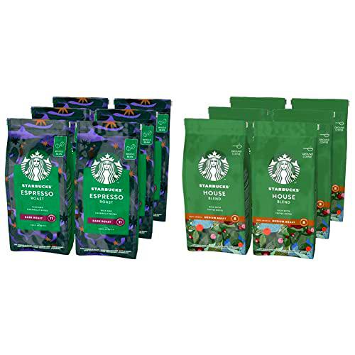 Starbucks House Blend Café Molido De Tostado Medio 6 Bolsa de 200g &amp; Espresso Dark Roast Café De Grano Entero De Tostado Intenso 6 Bolsa de 200g