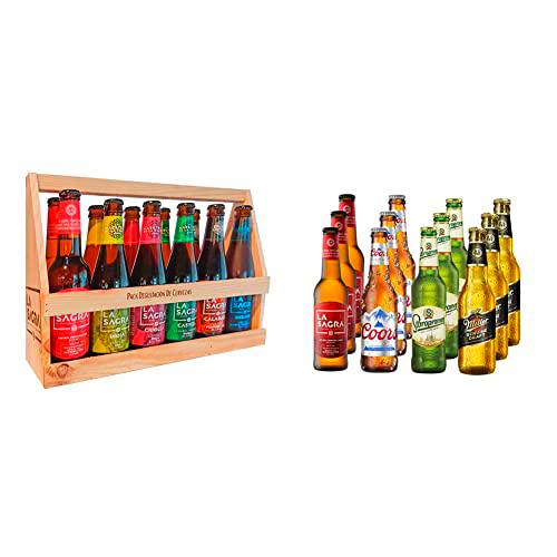 La Sagra cesta de madera de cervezas artesanas. 12 botellas de 330 ml &amp; Lagers del Mundo Pack Degustación de Cerveza