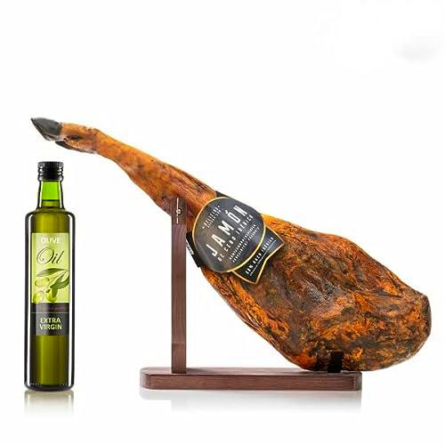 Delizius Deluxe , Set de jamón ibérico de cebo, aceite de oliva virgen extra y jamonero de madera