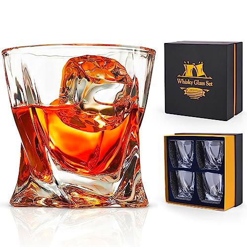 Aspiree Whiskey Glass Set of 4 - Cristal transparente transparente de 10 oz Glassware con caja de regalo de lujo y 4 tazas de bebidas y 1 helado Tong for Drinking Bourbon Malt Cognac irlandés whisky