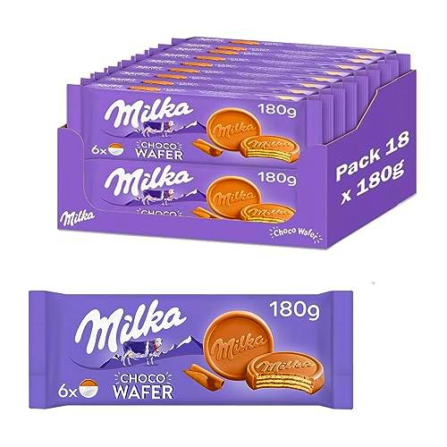 Milka Choco Wafer Galleta Barquillo con Relleno de Cacao y Cubierto de Chocolate con Leche de los Alpes 180 g, Pack de 18