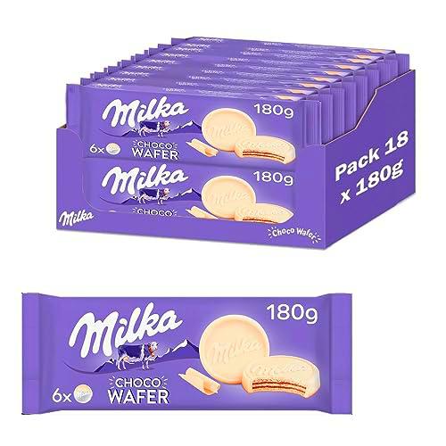 Milka Choco Wafer Galleta Barquillo con Relleno de Cacao y Cubierto de Chocolate Blanco 180 g, Pack de 18