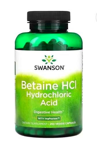 Swanson Betaine HCl Ácido Clorhídrico - 250 Cápsulas Vegetales para Digestión Eficiente y Absorción de Nutrientes