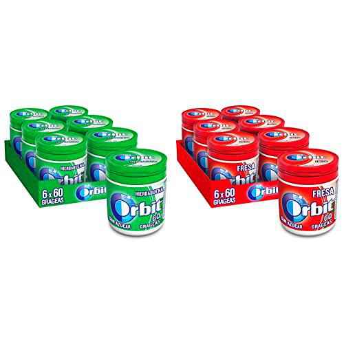 Orbit Bote Chicle Sin Azúcar, Hierbabuena, 6 x 60 Grágeas &amp; Bote de Chicles Sin Azúcar Sabor Fresa