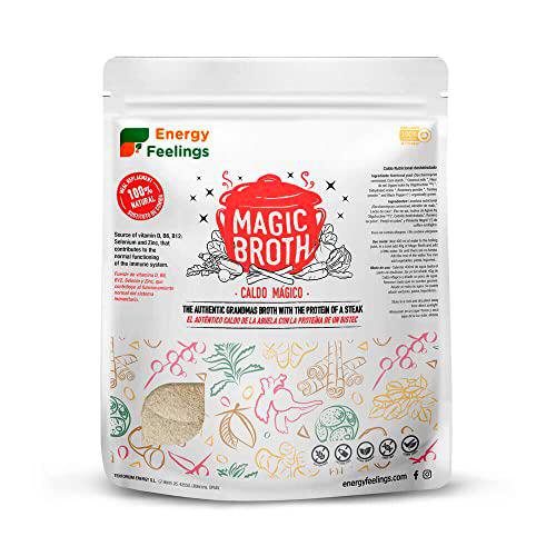 Energy Feelings Magic Broth 1kg | Caldo Vegetal Nutricional Proteico en Polvo y Copos | Rico en Proteína 41% y Fibra 13% | Caldo Sin Gluten y Vegano Sin Azúcares Añadidos