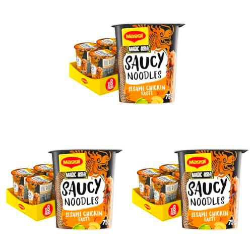 MAGGI Saucy Noodles Asia Pollo y Sésamo Vaso - Pack de 8 x 75g (Paquete de 3)