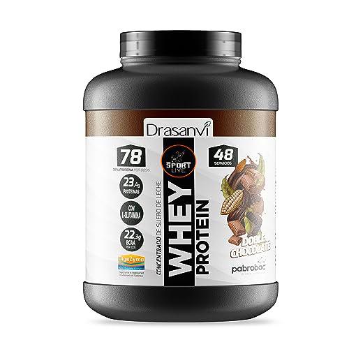 SPORT LIVE Concentrado de proteinas de suero de leche | Whey Protein en polvo con L-Glutamina y L-Leucina | Ayuda a aumentar tu masa muscular | Mejora tus batidos |Doble Chocolate | 1,45 KG