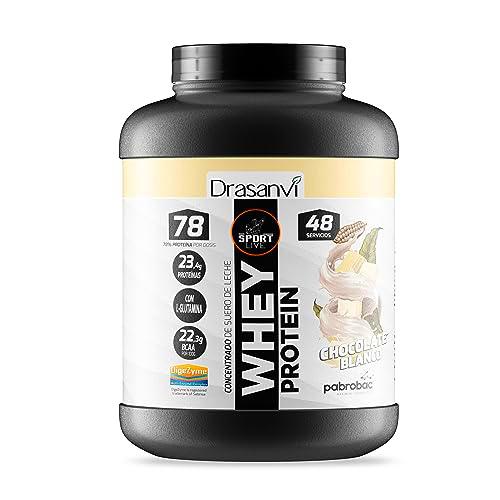 SPORT LIVE Concentrado de proteinas de suero de leche | Whey Protein en polvo con L-Glutamina y L-Leucina | Ayuda a aumentar tu masa muscular | Mejora tus batidos |Chocolate Blanco | 1,45 KG