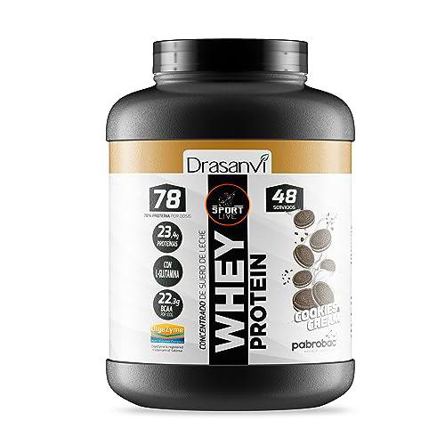 SPORT LIVE Concentrado de proteinas de suero de leche | Whey Protein en polvo con L-Glutamina y L-Leucina | Ayuda a aumentar tu masa muscular | Mejora tus batidos |Cookies&amp;Cream | 1,45 KG