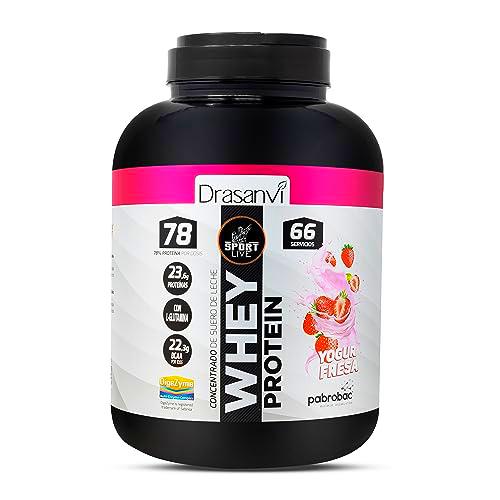 SPORT LIVE Concentrado de proteinas de suero de leche | Whey Protein en polvo con L-Glutamina y L-Leucina | Ayuda a aumentar tu masa muscular | Mejora tus batidos |Yogur-Fresa | 2 KG