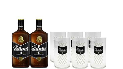 Ballantine's 10 Whisky Escocés, Pack de 2 Botellas y 6 Vasos de Regalo, 700 ml