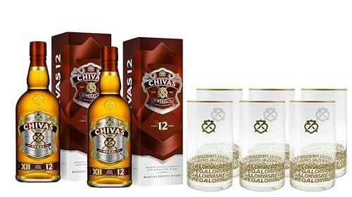 Chivas Regal 12 años Whisky Escocés de Mezcla, Pack de 2 botellas y 6 vasos de regalo, 700 ml