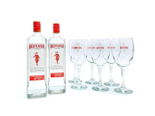 Beefeater London Dry Gin, Pack de 2 Botellas y 6 Copas de Regalo, 1 L