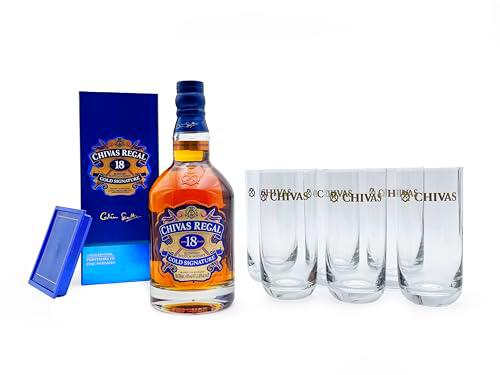 Chivas Regal 18 años Whisky Escocés de Mezcla, Pack de 1 botella 6 vasos de regalo, 700 ml