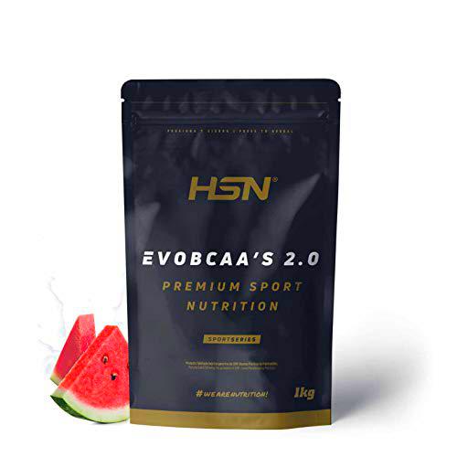 BCAA con Glutamina de HSN Evobcaa's 2.0 | Sabor Sandía 1 Kg = 91 Tomas por Envase de Aminoácidos Ramificados Ratio 12:1:1 (Leucina + Valina + Isoleucina) | No-GMO