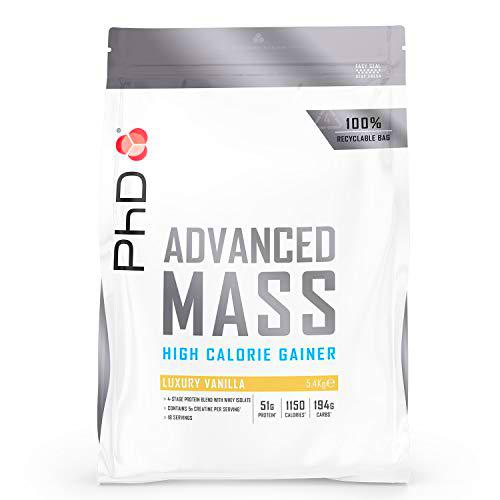 PhD Nutrition Advanced Mass Powder, Proteína en Polvo Vegetariana Rica en Proteínas y Calorías para Desarrollo Muscular y Aumento de Peso Sabor Vainilla 5.4 Kg