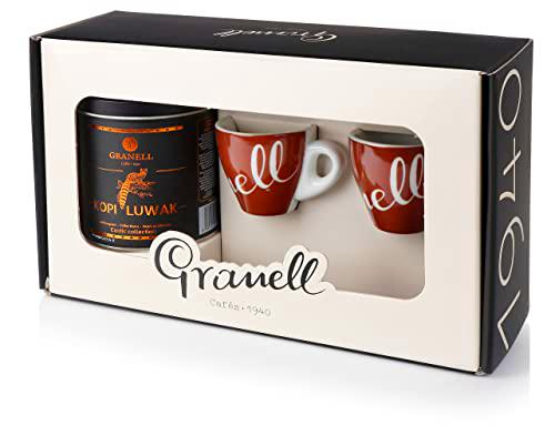 Granell Cafes- 1940 - Caja Regalo Café en Grano Kopi Luwak | Pack Regalo Compuesto por Café en Grano Natural + 2 Tazas Café Granell