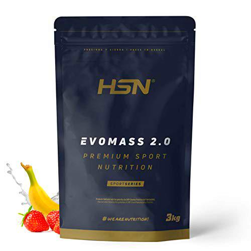 Batido de Carbohidratos y Proteínas Vegetariano de HSN Evomass 2.0 | Sabor Fresa Banana 3 Kg = 30 Tomas por Envase | Con Harina de Avena + Whey Protein + Aceite MCT | No-GMO