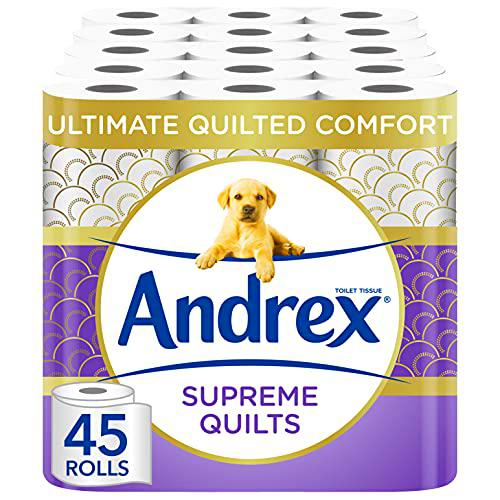 Andrex Papel higiénico acolchado Supremo, 45 rollos de inodoro (9 rollos x 5 paquetes)