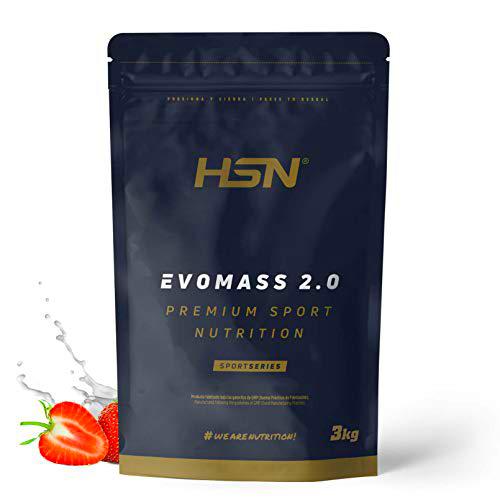 Batido de Carbohidratos y Proteínas Vegetariano de HSN Evomass 2.0 | Sabor Fresa 3 Kg = 30 Tomas por Envase | Con Harina de Avena + Whey Protein + Aceite MCT | No-GMO