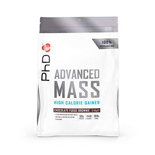 PhD Nutrition Advanced Mass Powder, Proteína en Polvo Vegetariana Rica en Proteínas y Calorías para Desarrollo Muscular y Aumento de Peso Sabor Brownie de Caramelo 5.4 Kg