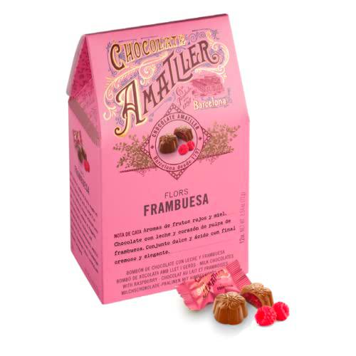 Chocolates Amatller - Pack de 9 Cajas de Bombones Flors Chocolate con Leche rellenos de Mermelada de Frambuesa (9x72gr)