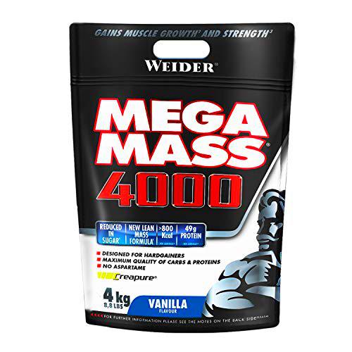 Weider Mega Mass 4000 Sabor Vainilla (4000 g). 69% de hidratos.Enriquecido con Vitaminas y Minerales