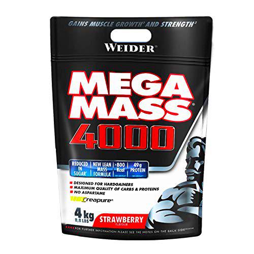 Weider Mega Mass 4000 Sabor Fresa (4000 g). 69% de hidratos.Enriquecido con Vitaminas y Minerales