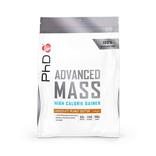 PhD Nutrition Advanced Mass Powder, Proteína en Polvo Vegetariana Rica en Proteínas y Calorías para Desarrollo Muscular y Aumento de Peso Sabor Chocolate y Crema de Cacahuete 5.4 Kg