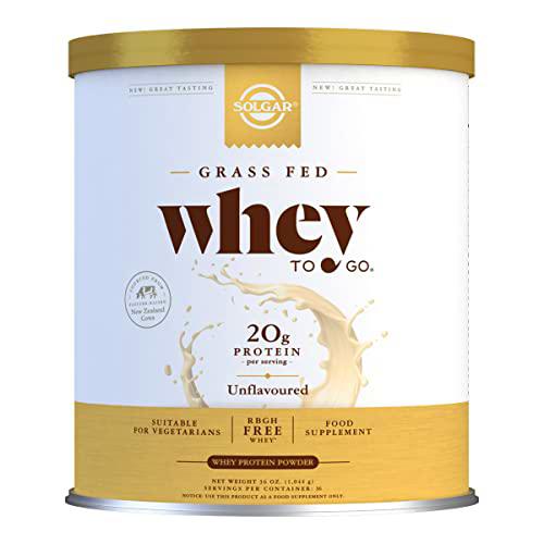 Solgar | Grass Fed Whey To Go | Proteína de suero en polvo | 20 gr de proteína por cucharada | Sin sabor | 1044 gramos | 36 cucharadas rasas