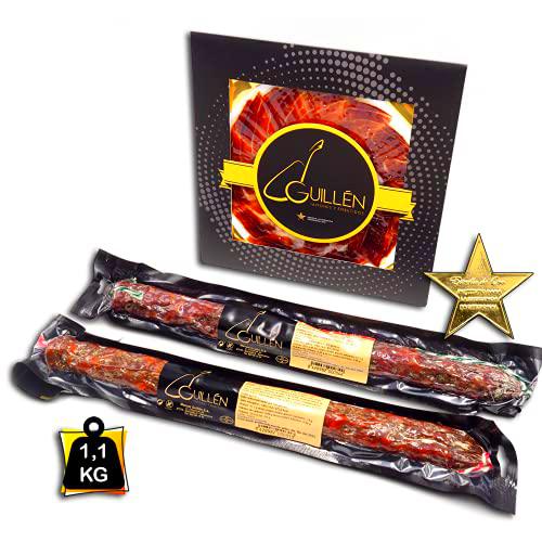 Surtido Embutidos Ibericos de GUIJUELO 1,1 kg - Lote Iberico con Salchichon Iberico Bellota Vela 500 gr + Chorizo Iberico Bellota Vela 500 gr + Jamon Iberico loncheado a Mano 100 gr